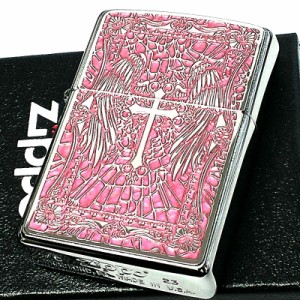 ZIPPO エンジェルクロス ピンク ジッポライター ロゴ 十字架 おしゃれ 天使の羽 かっこいい 両面柄違い加工 細密メタル おしゃれ 