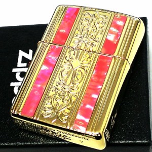 ZIPPO ライター アーマー ジッポ アラベスク 両面加工 シェル ピンク 美しい ゴールド メンズ 天然貝 おしゃれ 中世模様