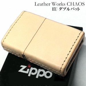 ZIPPO ライター 革巻き EU ダブルバット ジッポ おしゃれ カオス ベージュ Leather Works 牛本革 ハンドメイド 彫刻 渋い