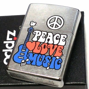 ZIPPO ライター PEACE LOVE MUSIC シルバー ピースマーク ギター ジッポ ストリートクローム おしゃれ かっこいい シンプル