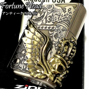 ZIPPO ライター Fortune head ジッポ スカル3面彫刻 ふくろう かっこいい フォーチュンヘッド ブラス古美 ドクロ おしゃれ メンズ ギフト