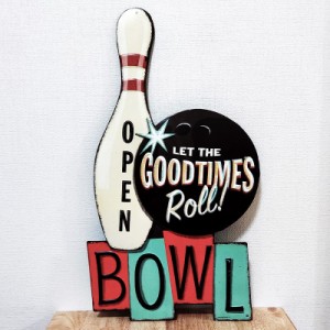 ブリキ看板 エンボスメタルサイン GOODTIMES ROLL BOWL ボーリング おしゃれ OPEN アメリカン ビンテージ