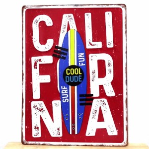 ブリキ看板 CALIFORNIA カリフォルニア ビンテージ サーファー 赤 アンティーク サーフボード サーフィン アメリカン 雑貨 インテリア