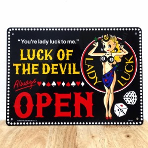 プラサインボード オープン看板 OPEN 可愛い LADY LUCK 幸運の女神 プレート ガレージ 壁飾り アメリカン おしゃれ 雑貨