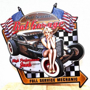 ブリキ看板 ビンテージ セクシー Rat Garage 女性 車 アンティーク おしゃれ 矢印 アメリカン 壁掛け プレート 壁飾り かわいい