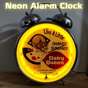 時計 ネオンアラームクロック ライト レトロ 黄色 デイリークイーン ツインベル イエロー ソフトクリーム シルバー アラーム機能 雑貨