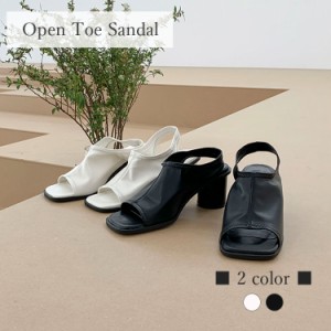 サンダル オープントゥサンダル オープントゥ ヒール 太ヒール ハイヒール ストラップ レザー 黒 白 韓国 ファッション