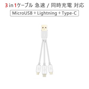 3in1ケーブル ショート 22cm 2本セット Lightning Type-C MicroUSB 急速充電 同時充電 iPhone X 8 Android SDM便1ヶ月保証