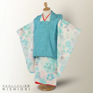 KAGURA レンタル 3歳の七五三 女の子 被布コート 着物 フルセット 貸衣装 三歳 青緑 ブルー 花柄