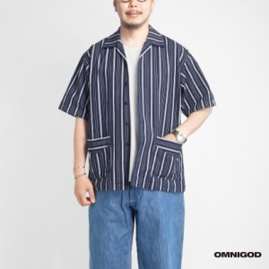 OMNIGOD オムニゴッド インディゴストライプ オープンカラー半袖シャツ セットアップ対応 日本製 メンズ