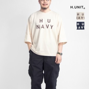 H.UNIT エイチユニット 40／2天竺 Vネック 7分袖プリントTシャツ 日本製 メンズ