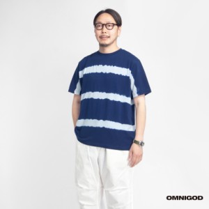 OMNIGOD オムニゴッド インディゴ絞り染めボーダー 米綿Tシャツ 日本製 メンズ