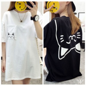 LAZA 大きいサイズ ねこ ネコ 猫プリントシンプル カットソー Tシャツ ワンピース LL~4L