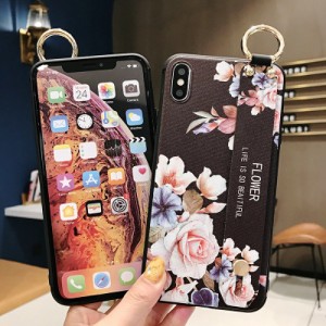 LAZA 【ブラック＋ピンクフラワー】iPhoneケース 花柄 リング付 スタンド付 ハンドベルト付 フィンガーベルト バックカバー スリム