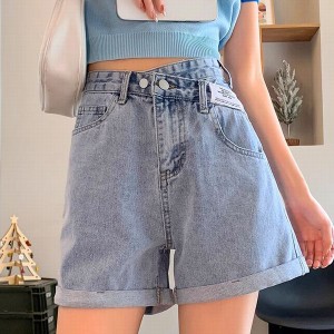 ワイドレッグ デニム ショートパンツ アシンメトリー Aライン レディース パンツ