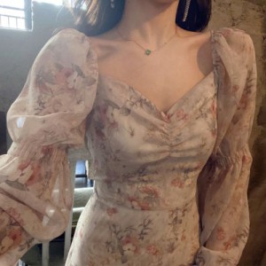 シック レトロ 正方形の襟 ロマンチック 花柄スリム 痩身 パフスリーブ シフォン ドレス 女性