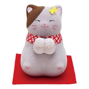 ソーラー両手招き猫　福にゃんこ　グレーブチ猫　敷物付 手作り ちりめん細工 なごみ 癒し 可愛い 置物 飾り 和雑貨 