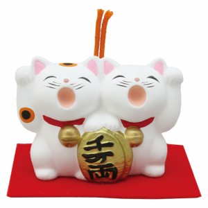 置物 陶製 土鈴 福笑いペアー猫 小判 敷物付 京都  かわいい 和風 手作り 小物 和雑貨 四季 なごみ 飾り 贈り物 おしゃれ