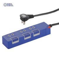 OHM　3口押しボタンスイッチ付きカラー節電タップ　ブルー　HS-T1149A　00-1149【メーカー直送】代引き・銀行振込前払い・同梱不可