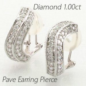 ダイヤモンド イヤリング レディース クリップ ピアス プラチナ 900 パヴェ アンティーク 1.00ct ウェーブ