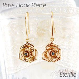 ブラックダイヤモンド ピアス ゴールド 18k ローズ 薔薇 フラワー 花 一粒 揺レル 18金 K18 PG