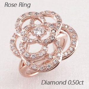 リング レディース ダイヤモンド ゴールド 18k フラワー バラ ローズ 薔薇 18金 K18 PG 0.50ct