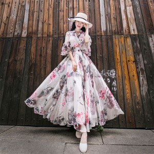 ワンピース 花柄 ロングワンピース レディース フレア ワンピース 春 夏 マキシワンピ 袖フレア Vネック きれいめ 全店2点送料無料