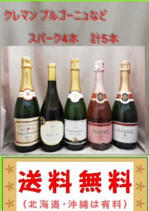 送料無料　クレマン　ブルゴーニュなど　スパークリング（4本）　計5本セット　750ml（北海道、沖縄、除) 