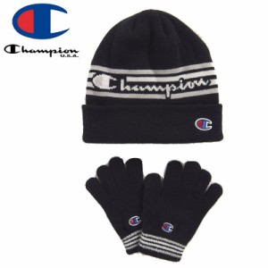 CHAMPION チャンピオン キッズ ニットキャップ LOGO STRIP HAT BEANIE AND GLOVE SET ブラック NO12