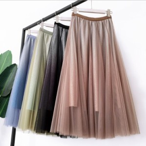 新作 上品 チュールスカート グラデーション 4色 チュールドレス Aライン ロングスカート 可愛いレーススカート 裏地で透けないフレアス