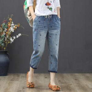 レデイーズ デニムパンツ 七分刺繍 ゆったりジーンズ ハイウエスト ハレムパンツ 森ガール系 ウォッシャブル 学院風 二点送料無料 大きい