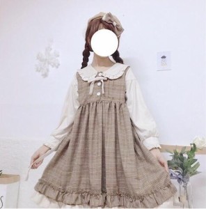 ワンピース チェック柄 ロリータ ファション グレンチェック柄 ゴスロリ Lolita 切り替え 可愛い フリル 長袖 コスプレ 魔女 仮装 変装