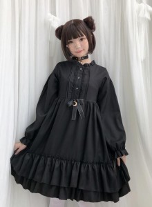 ゴスロリ ロリータワンピース ドレス 半袖 長袖 膝丈 Lolita コスプレ 魔女 可愛い フリル リボン コスチューム 衣装 仮装 余興 黒 二点