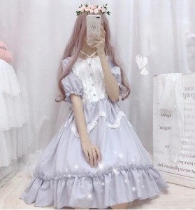 ワンピース レディース ロリータ ヘッドドレス 長袖 半袖 膝丈 ゴスロリ ドレス 黒 Lolita メイド服 コスプレ コスチューム 衣装 仮装 余