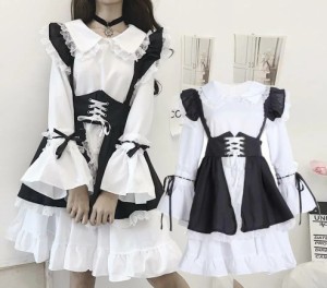 ロリータワンピース メイドワンピース 黒白系ゴスロリ 萌え萌え可愛いLolitaドレス コスチューム メイド服 女性 大人舞台 ステージ演出 