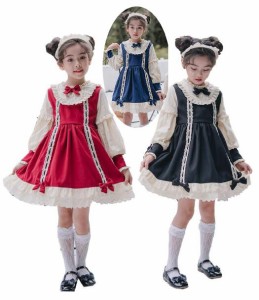 ロリータワンピース 女の子 長袖 日系風ヘッドドレス lolita リボン 髪飾りおまけ！キッズ 膝丈 ドレス フレア ゴスロリ ロリータ Lolita