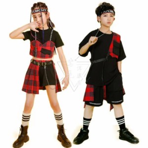 ダンス 衣装 ヒップホップ キッズ ダンス衣装 男の子 4点セット女の子 3点セットショート丈 半袖tシャツ チェック柄 スカート ダンス パ