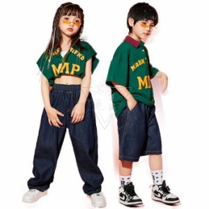 キッズ ダンス 衣装 セットアップ ヒップホップ 子供服 女の子 へそ出し トップス デニムロングパンツ 男の子 半袖tシャツ ショートパン