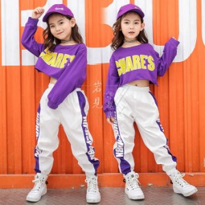 キッズダンス衣装 セットアップ 女の子 ファッション 子供服 ヒップホップ ジャズ衣装 へそ出し 長袖 トップス パンツ キッズ ダンス 衣