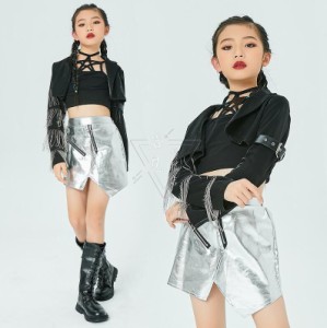 ジャズ ダンス衣装 女の子 ダンス衣裳 hiphop jazz ドラム 打楽器 ロック風 演出服 かっこいい PUスカート レザー ジャケット フリンジ付