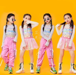 ジャズ ダンス衣装 女の子 個性 ピンク ジャズダンス 演出服 hiphop jazz チアガール 打楽器 長袖Tシャツ 星柄フリンジ スパンコール ミ