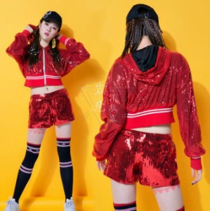 スパンコール ダンス衣装 舞台演出服 男女お揃い 上下2点セットアップ ジップアップ パーカー スパンコール 半ズボン ジャズ ヒップホッ