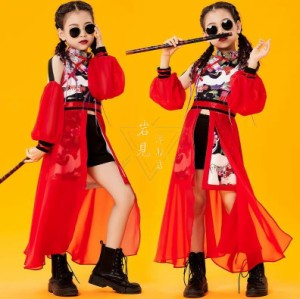 女の子 ダンス衣装 漢風 ジャズダンス hiphop jazz チアガール 和風 演出服 上下セットアップ 中華風 ステージ衣装 チャイナ服 ロングシ