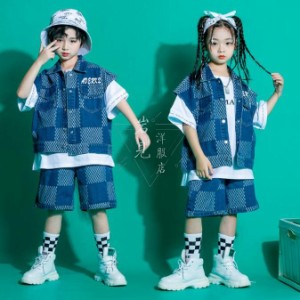 キッズ ダンス衣装 jazz hiphop 子供 ジャズ ヒップホップ チェック柄 ダンスウエア 上下セットアップ デニム ベスト 半袖Tシャツ ハーフ