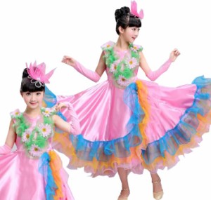 ダンス衣装 子供用 豪華 ワンピース ロングドレス 大きい裾ドレス 舞台演出 フレア 花柄 4色 民族風タンゴダンスワンピース 女の子 ラテ