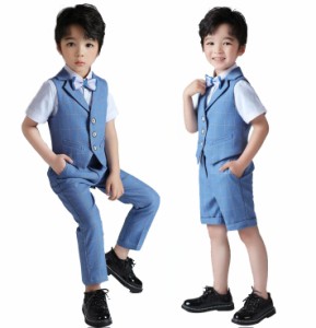 子供服 スーツ キッズ 上下5点セットアップ ジレベスト+パンツ+白シャツ 春夏秋 ボーイズ 男の子 フォーマルスーツ 結婚式 チェック柄 発