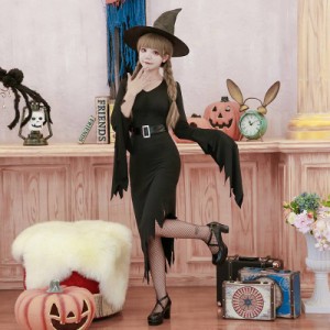 ハロウィン コスプレ 衣装 魔女 3点セット レディース ウィッチ 仮装 コスチューム 可愛い 幽霊 デビル ブラック 黒 ワンピース レース 