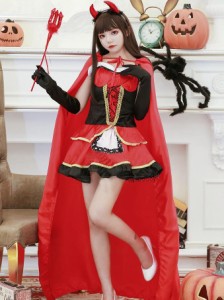 ハロウィン コスプレ 衣装 3点セット 赤ずきん 大人 レディース 魔女 ヴァンパイア ワンピース+マント+手袋 レッド ミニ丈 ワンピース レ