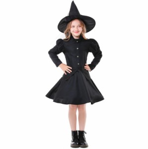 ハロウィン コスプレ 衣装 巫女 魔女 2点セット 子供 キッズ 女の子 ワンピース 帽子つき ウィッチ 仮装 コスチューム デビル ブラック 