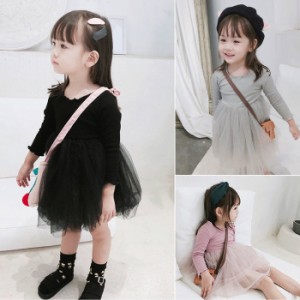 チュール ワンピース キッズ ドレス 子供 長袖 ワンピース 女の子 子供服 こども服 子ども服 ドレス 無地 春 秋 通園 通学 プレゼント 全